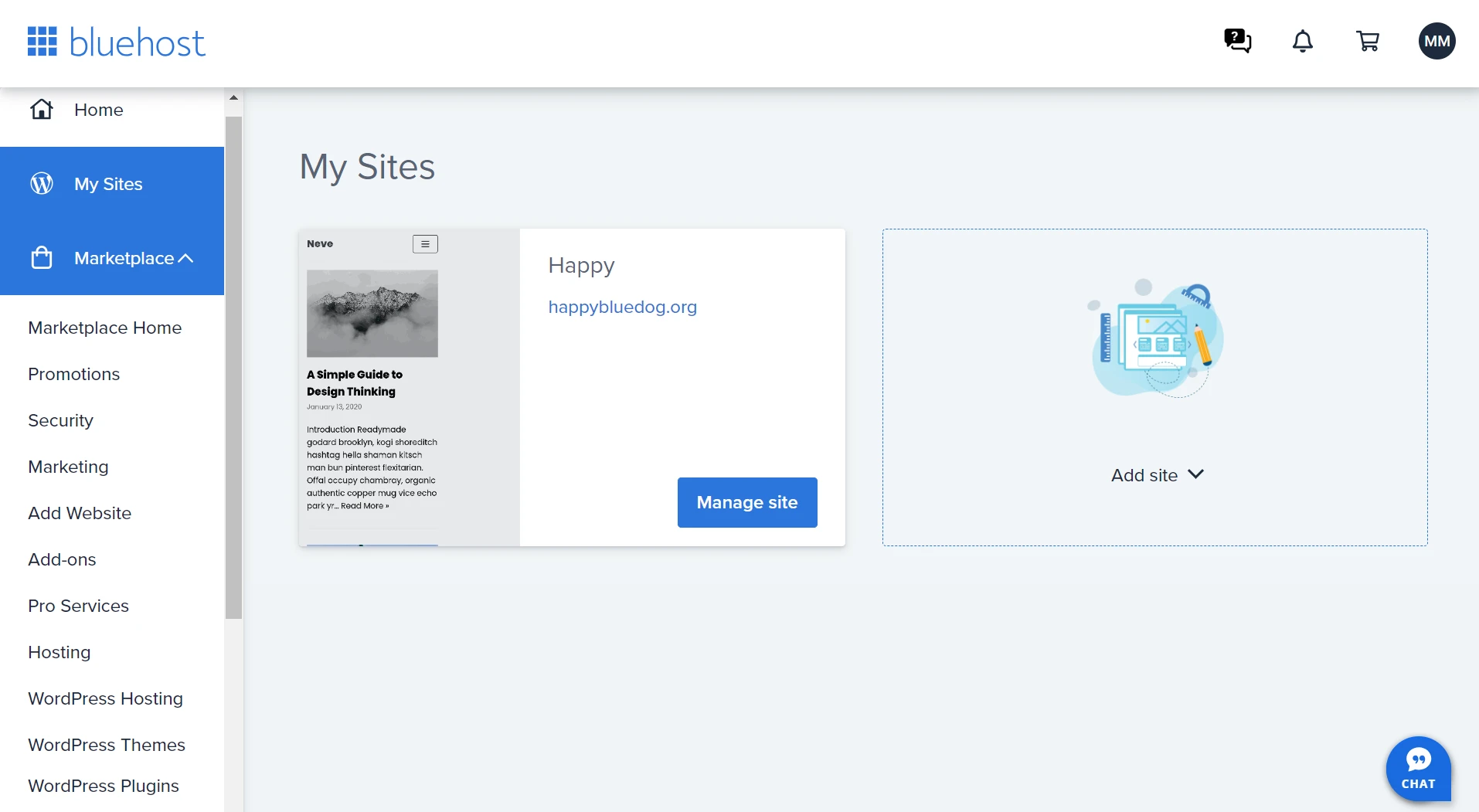 Painel do construtor de sites Bluehost