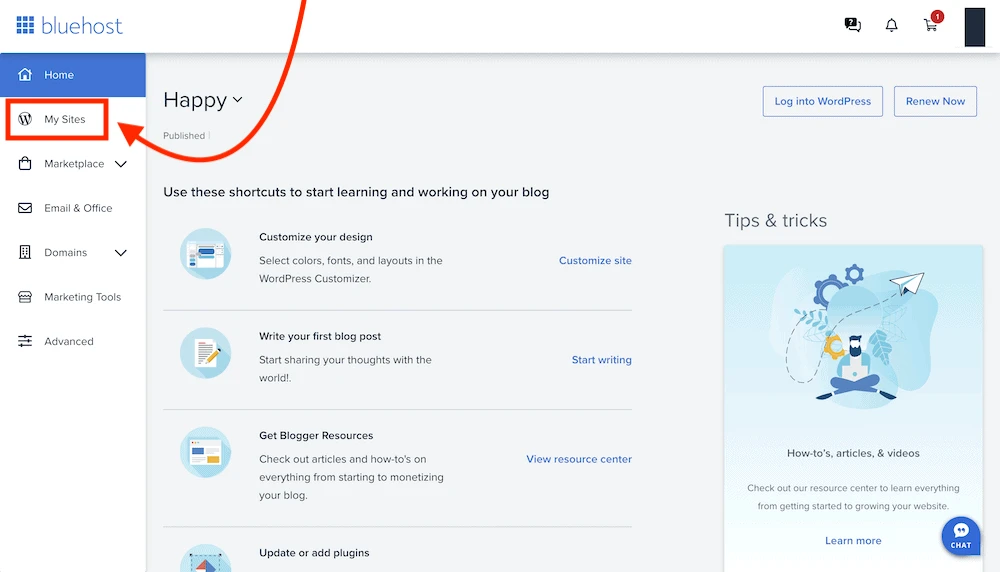 BlueHost-Dashboard | Meine Websites.