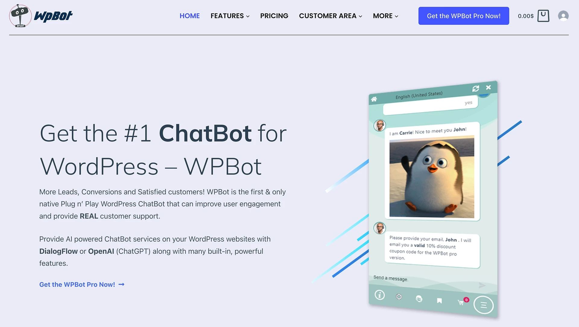 WPBot é um plugin de chatbot que oferece integração com OpenAI e DialogFlow do Google.