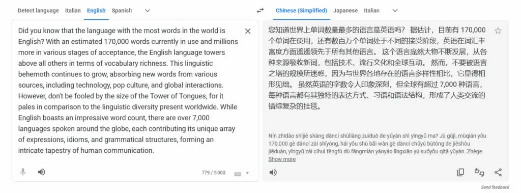 Confronto della lunghezza del testo in inglese e cinese