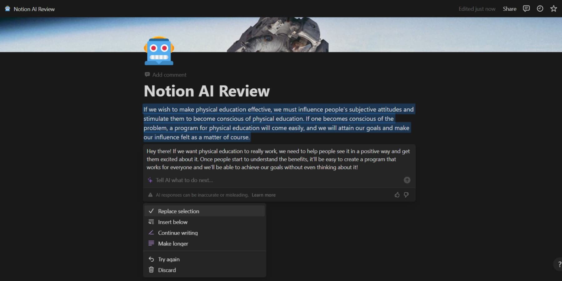 Uno screenshot di Notion AI che cambia il tono di una parte di testo