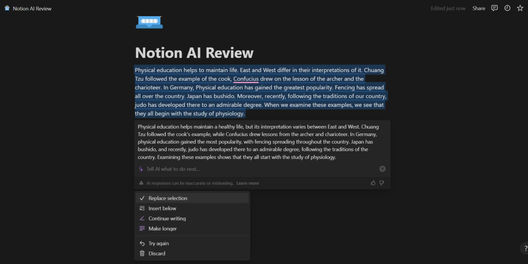 Uno screenshot di Notion AI che migliora un paragrafo