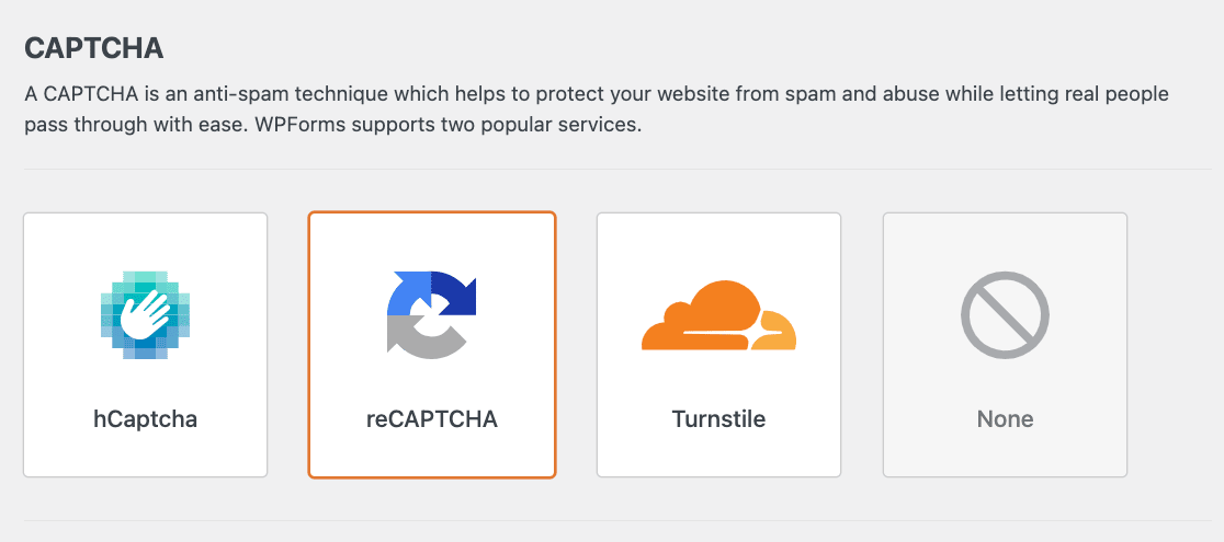 Selecting reCAPTCHA in the CAPTCHA settings