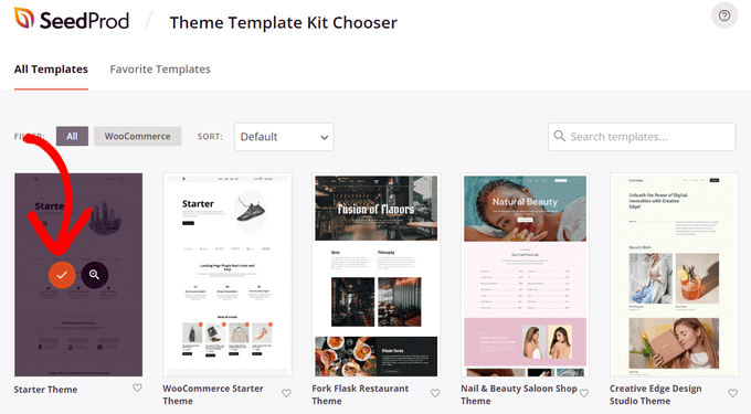 Choose SeedProd website kit template