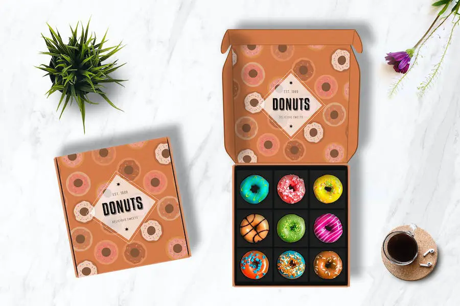 Maquete de caixa de bolo e donuts -