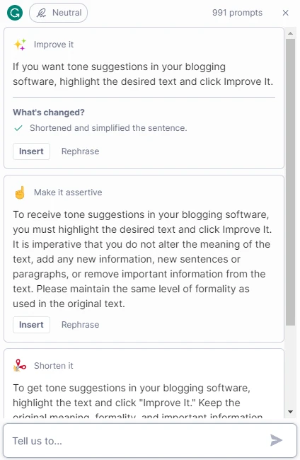 Melhorias no Grammarly Premium + sugestões de tons para "Tornar assertivo" e "Encurtar", usando trechos de "Vale a pena Grammarly Premium".