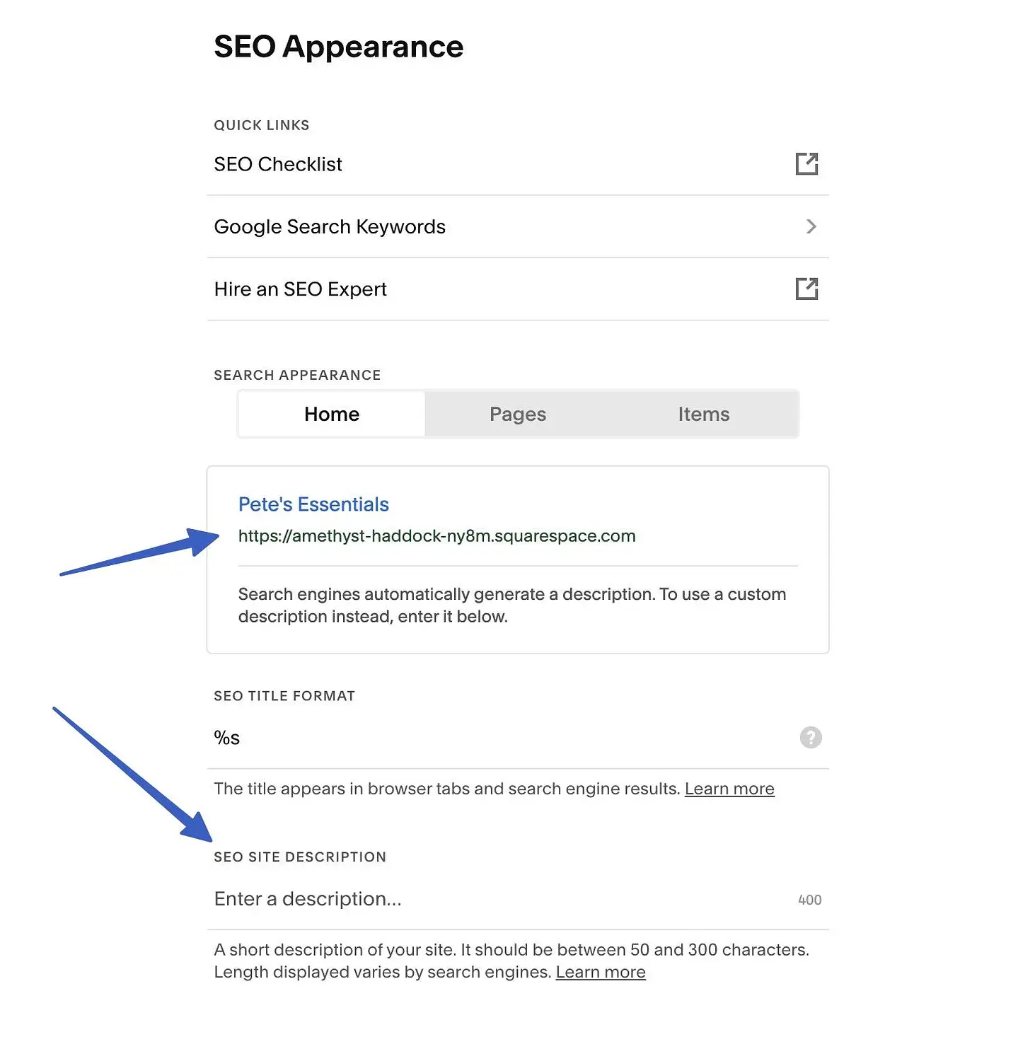 Opções de SEO de nossa análise de comércio eletrônico do Squarespace.