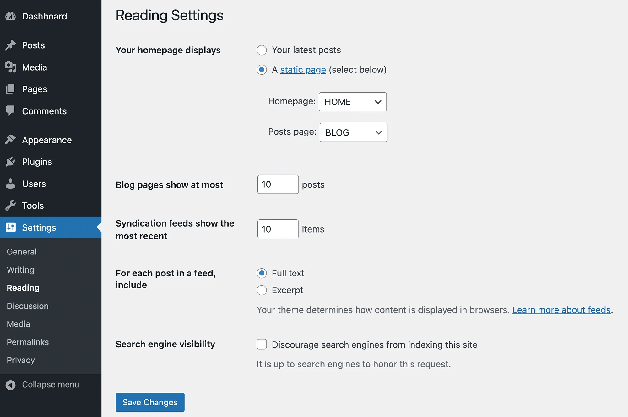 Alterando suas configurações de leitura do WordPress.