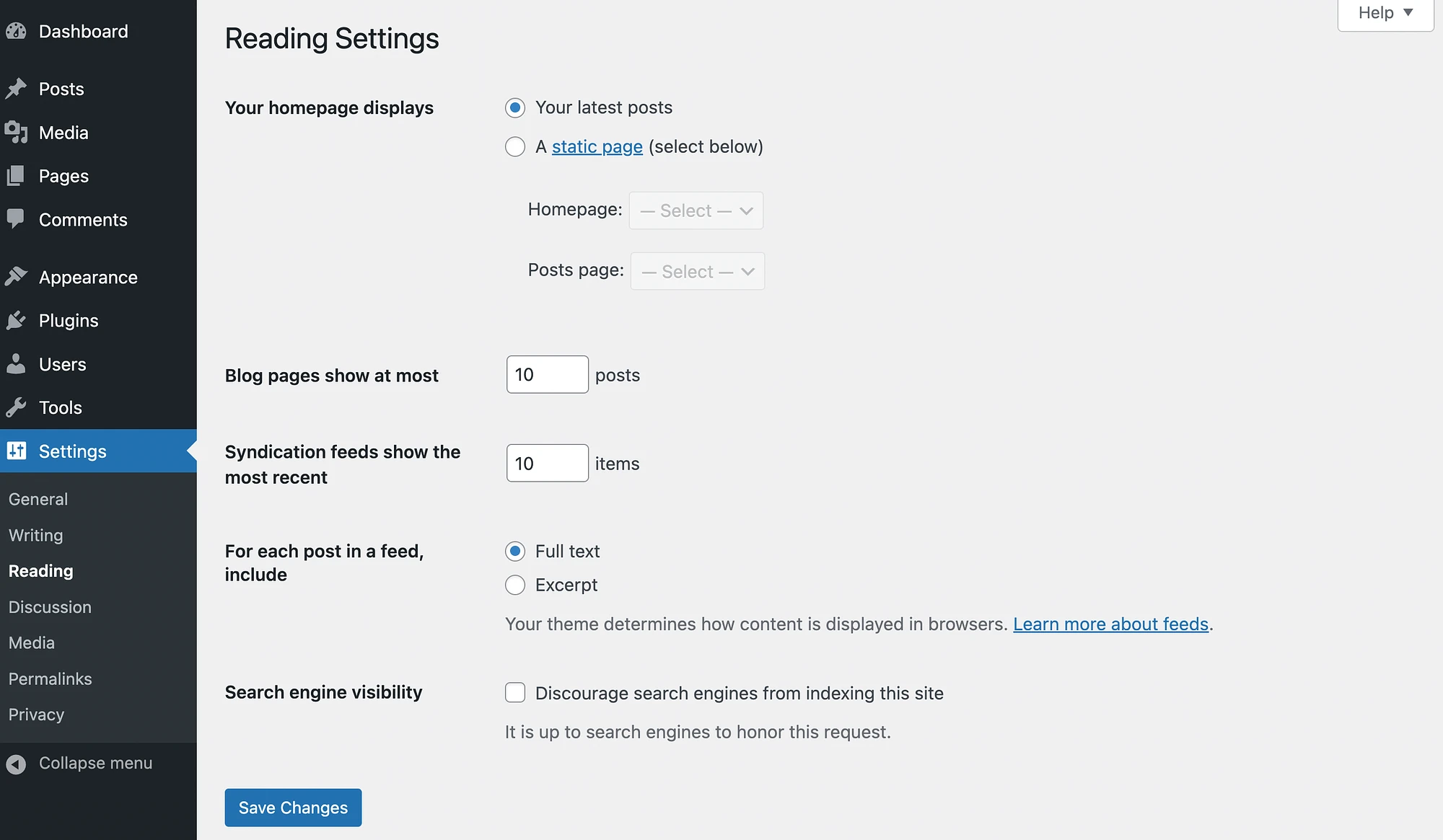 Configurações de leitura do WordPress.