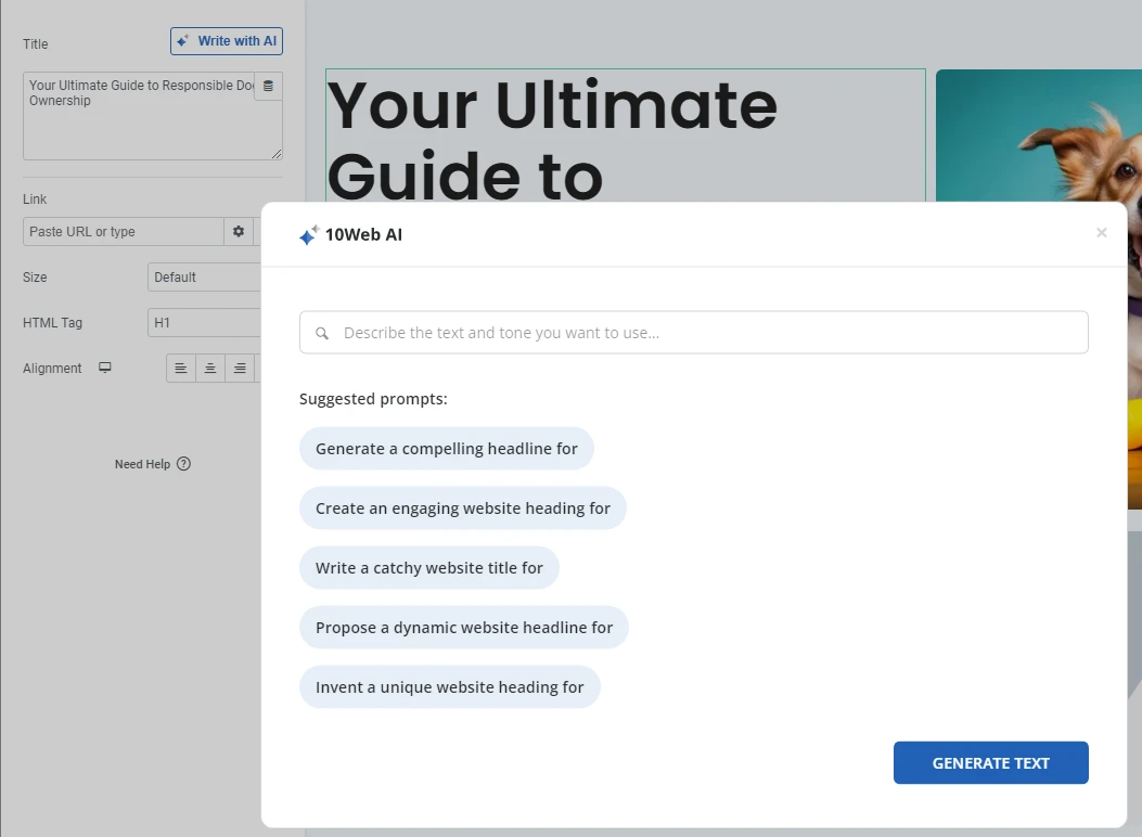 Generazione di testo utilizzando l'intelligenza artificiale come parte della nostra recensione di 10Web AI Builder.