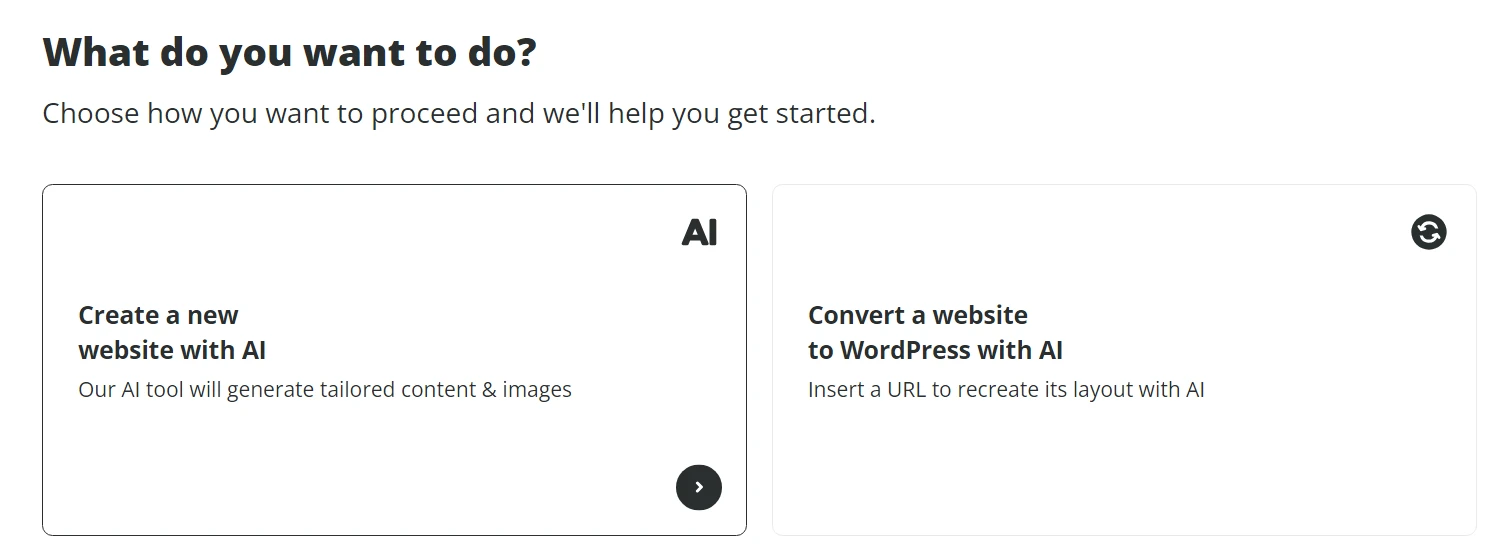 10Web AI Builder chiede all'utente "cosa vuoi fare?" con due scelte distinte: creare un nuovo sito Web con AI o convertire un sito Web in WordPress con AI.