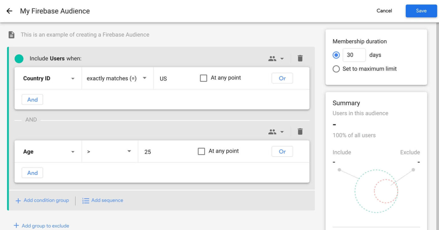 Criação de público do Firebase