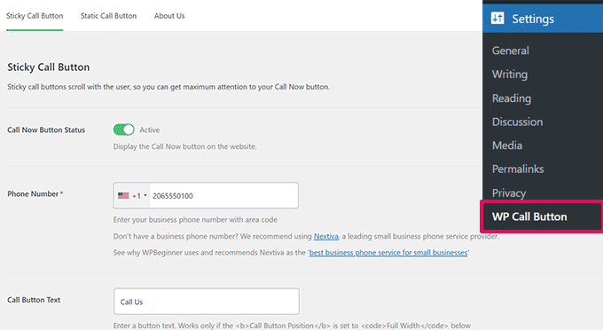 WP Call Button settings