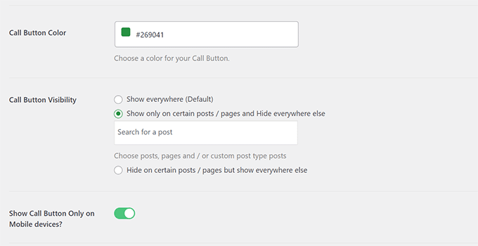 WP Call Button display settings