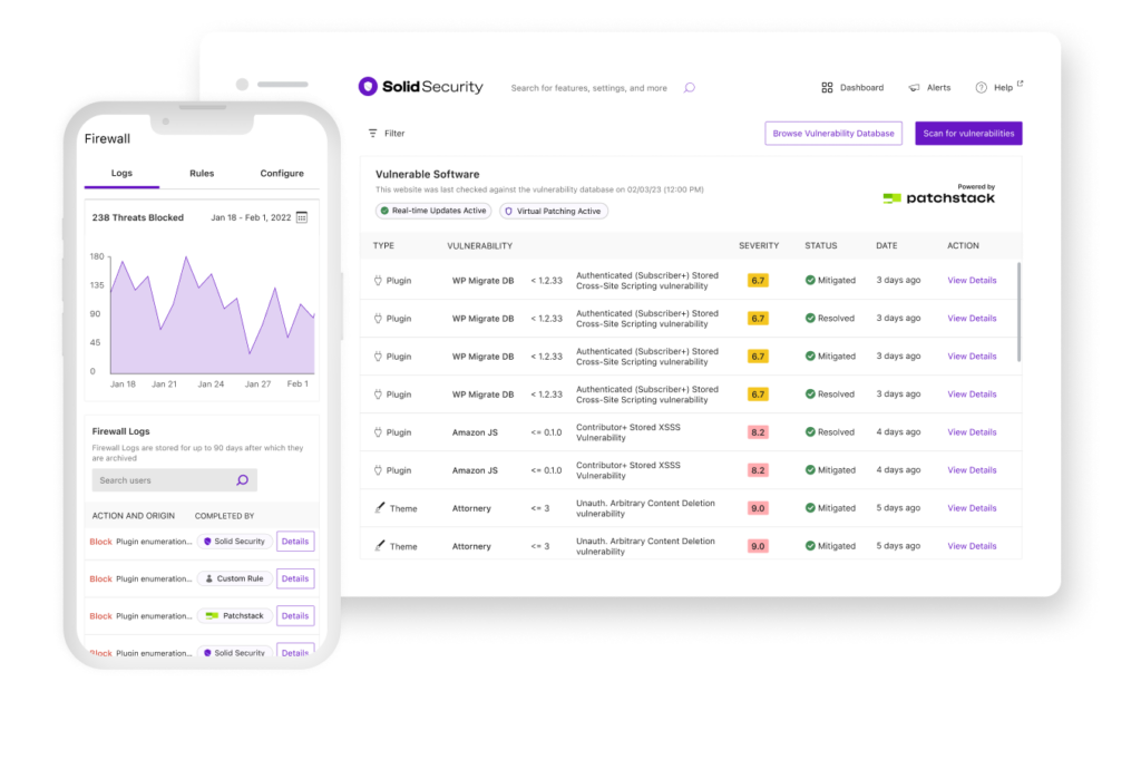 Um painel das ferramentas iThemes Security e SolidSecurity.