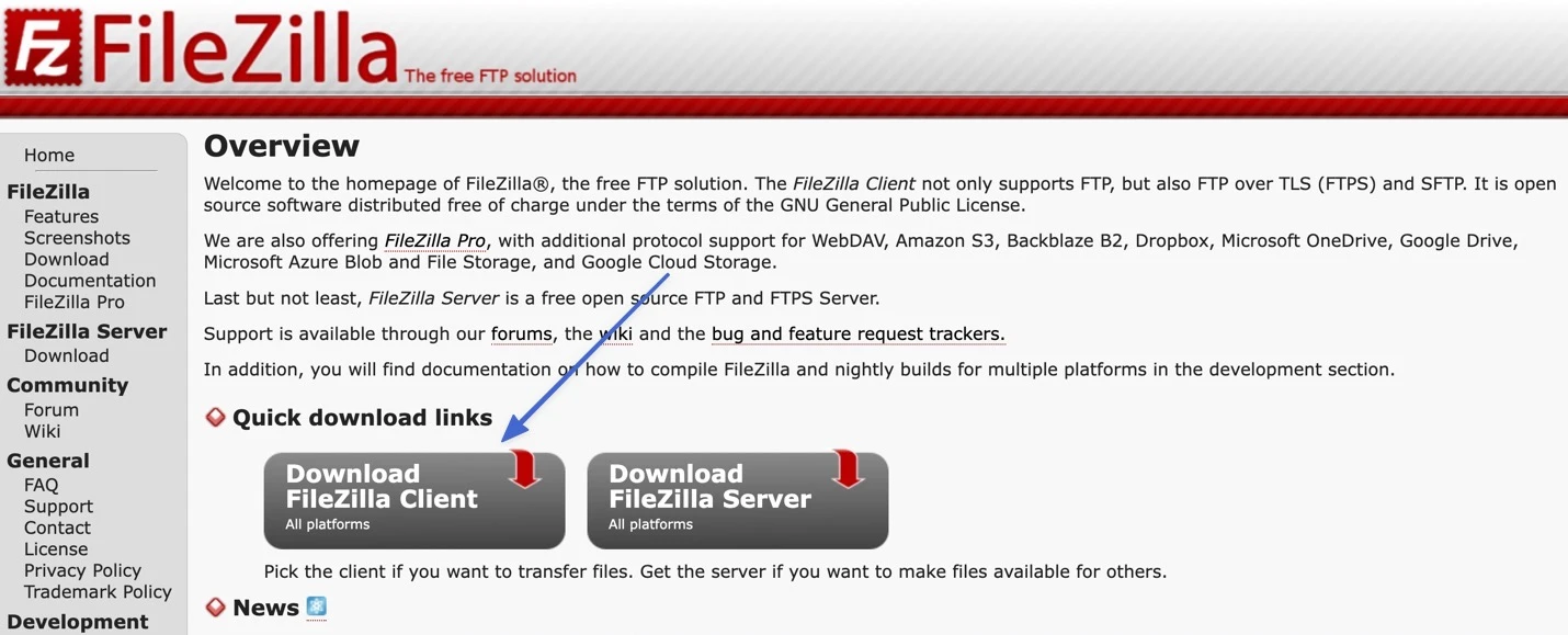 Il pulsante di download di FileZilla