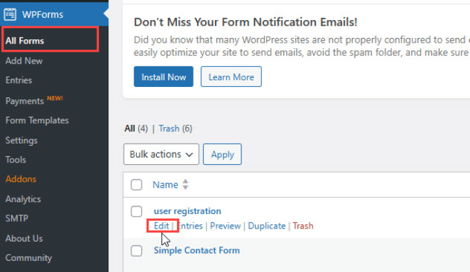 Edit user registration form in WPForms 