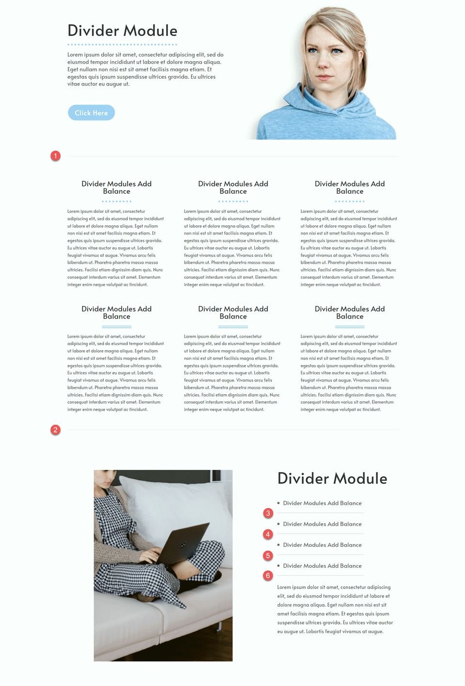 Divi는 디바이더 모듈을 사용하여 디자인 예제 3에서 균형을 만듭니다.