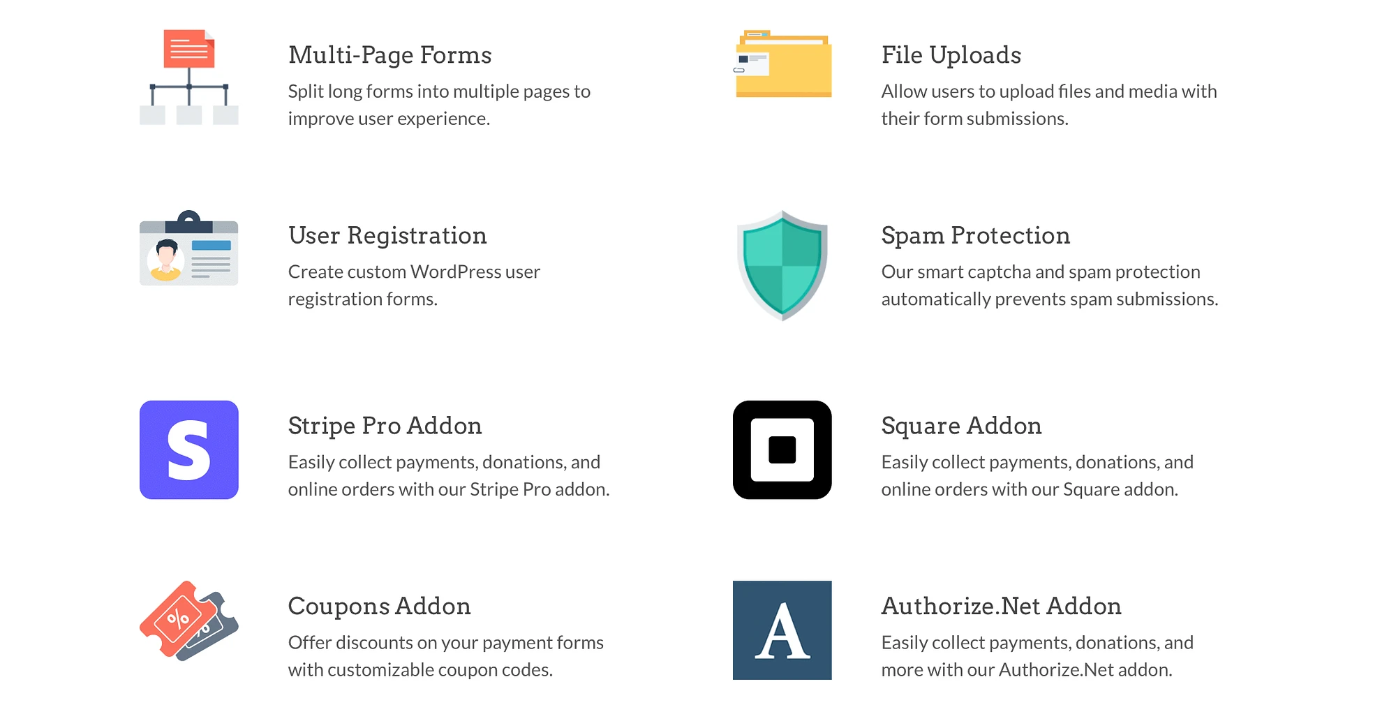 Integrazioni di marketing di WPForms che mostrano opzioni per Stripe, Square, Authorize.net e altro.