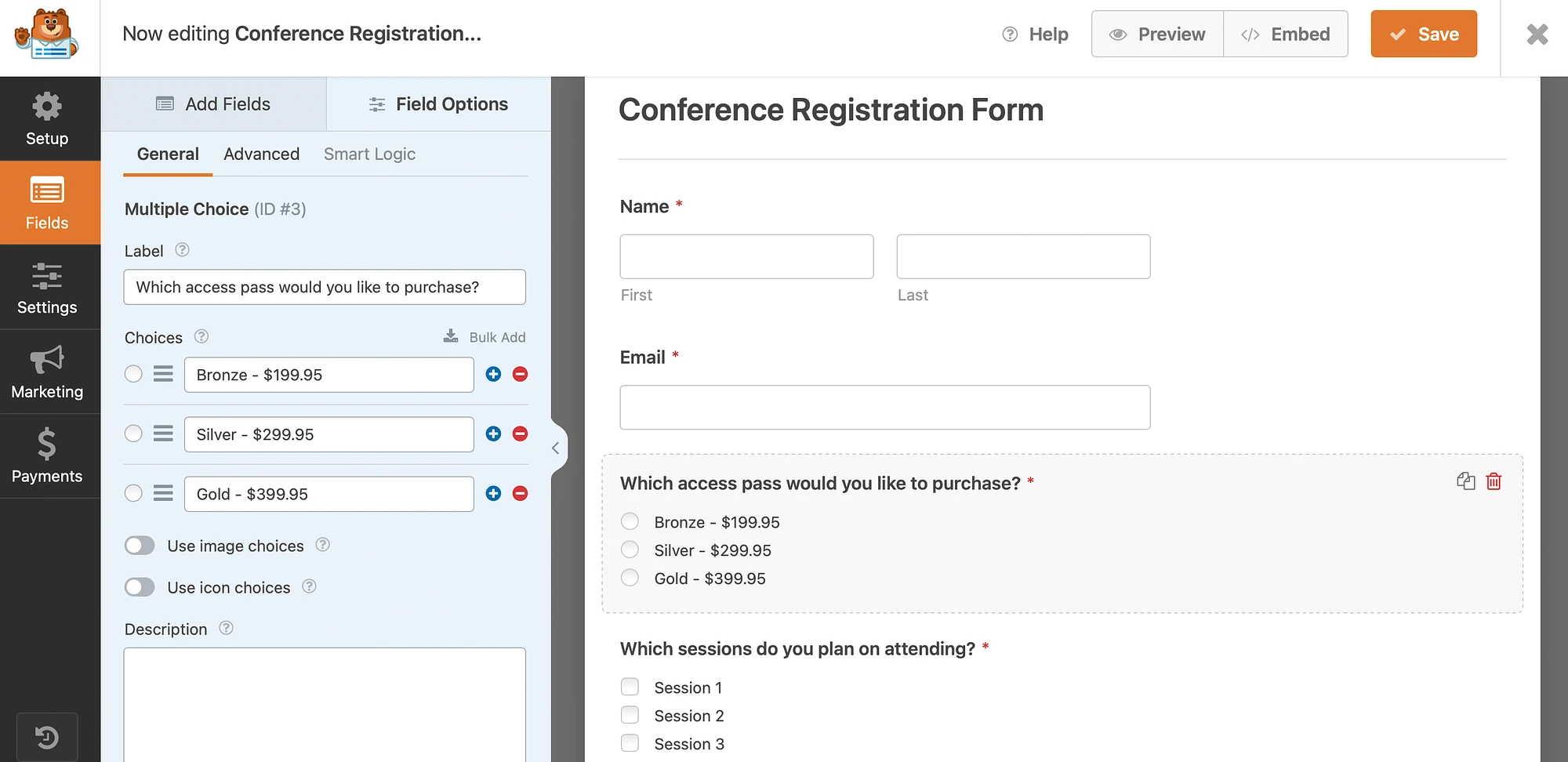 Personalizzazione di un modulo nel generatore di moduli WPForms.