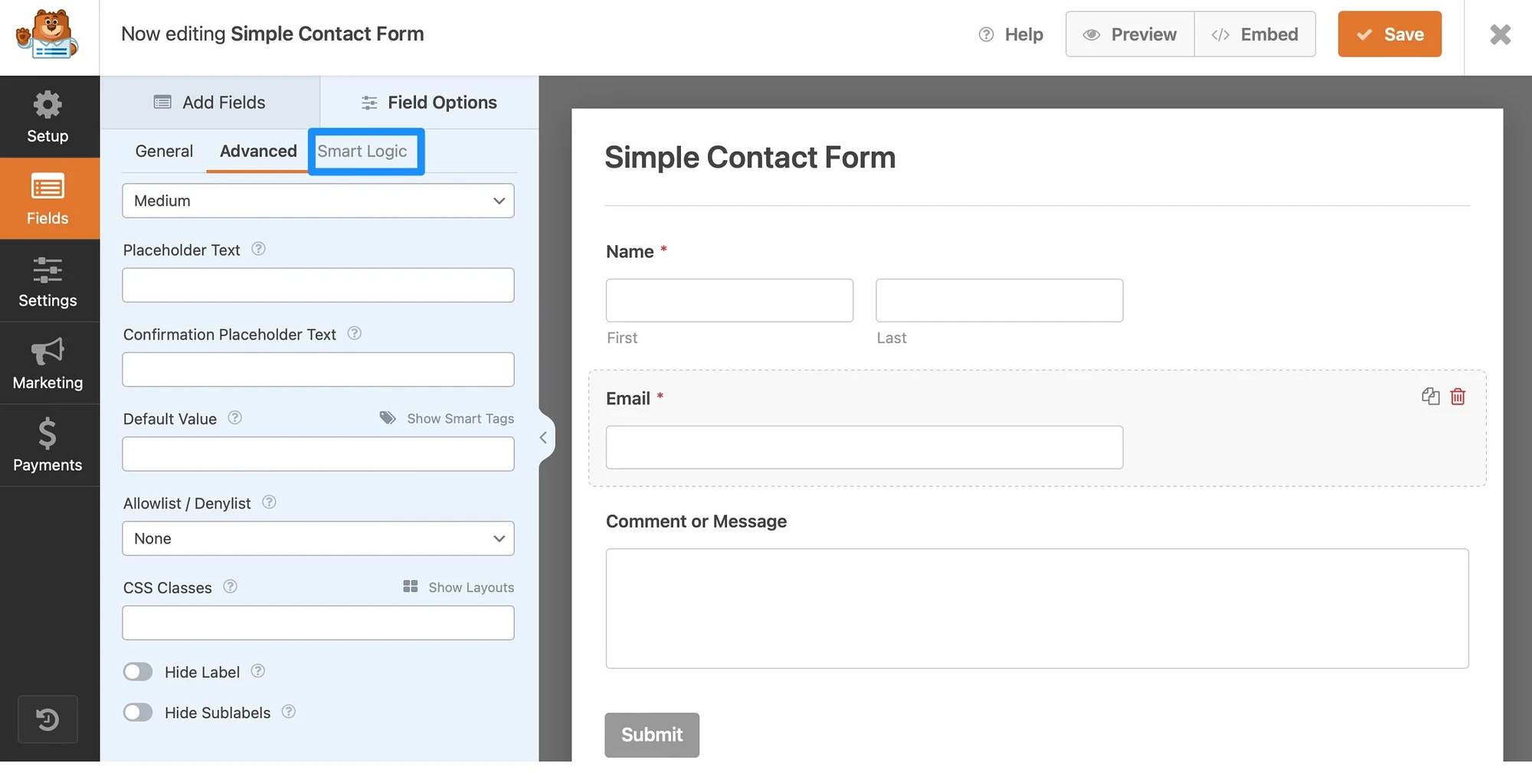 Impostazione della logica condizionale nel generatore di moduli WPForms.