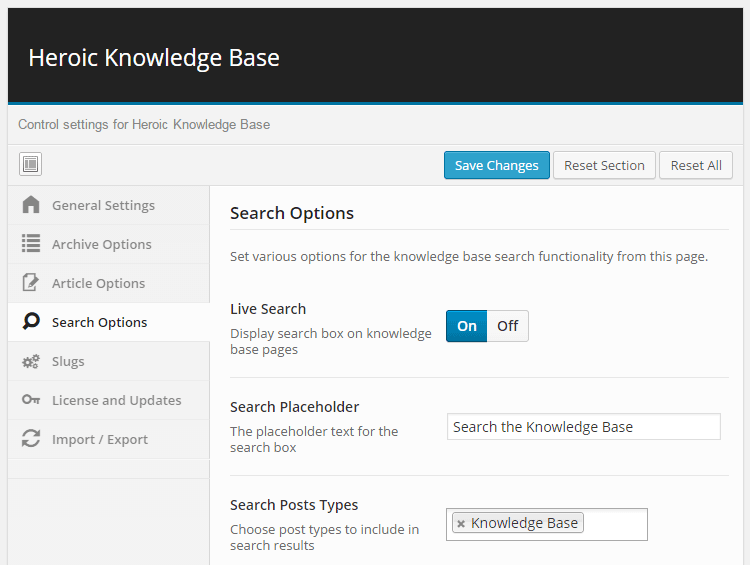 Panneau de configuration de la base de connaissances