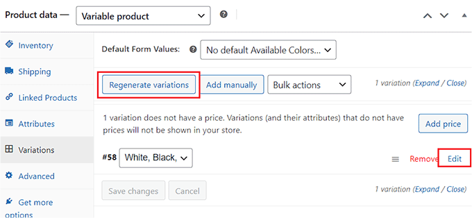 Edit product variations
