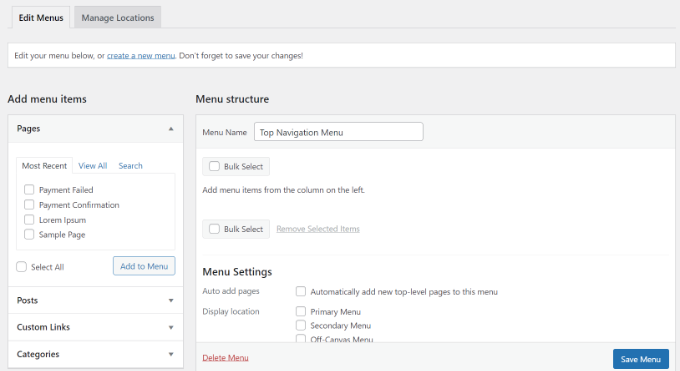 The WordPress menu settings