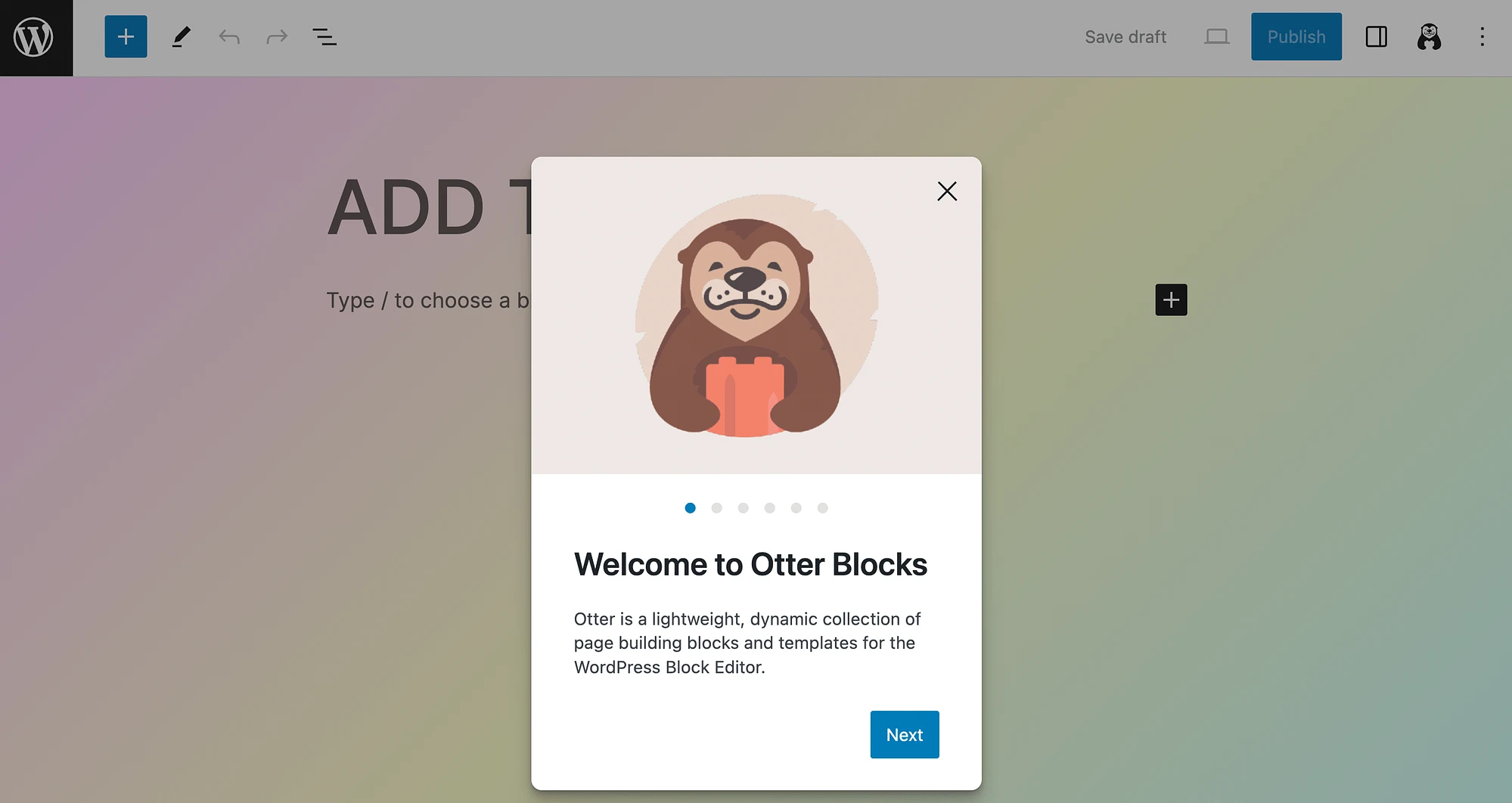 WordPress ブロックエディターの Otter Blocks のウェルカムメッセージ。