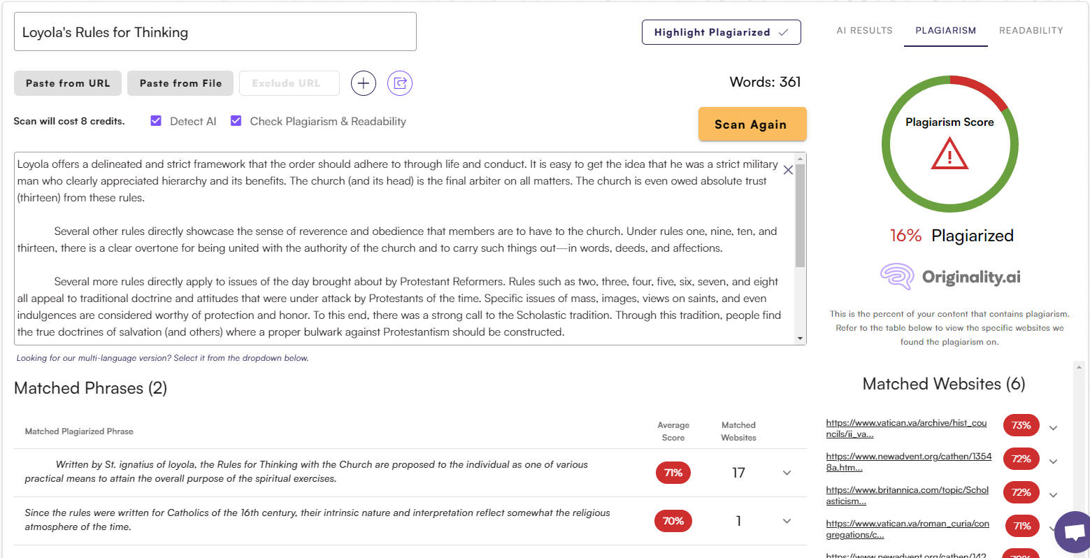 AI Content Detector – Plagiatsergebnisse