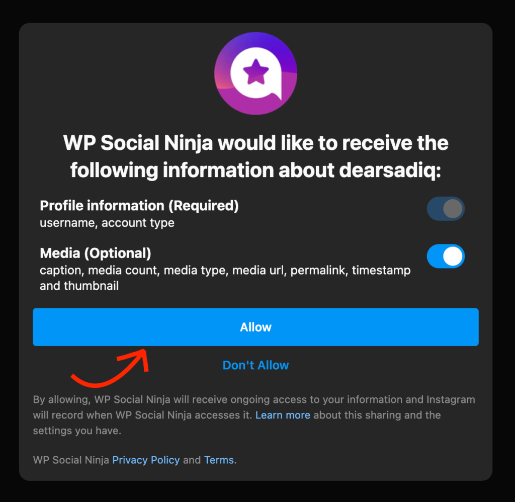 Instagram フィードを追加 - WP Social Ninja が Instagram にアクセスできるようにします