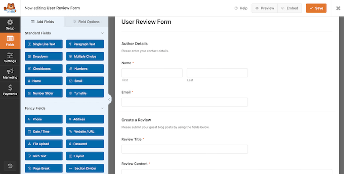 WPForms' user review form template