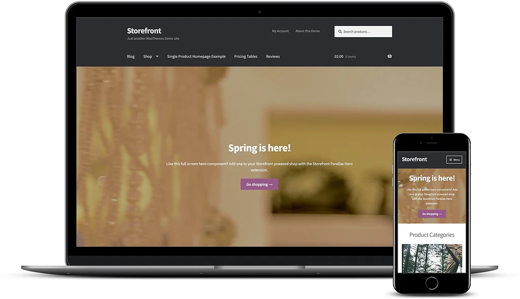 meilleurs thèmes WooCommerce gratuits : Storefront sur ordinateur et mobile.