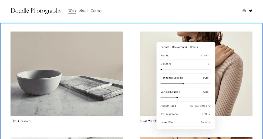 Personalizzazione del design di un sito all'interno dell'editor di Squarespace.