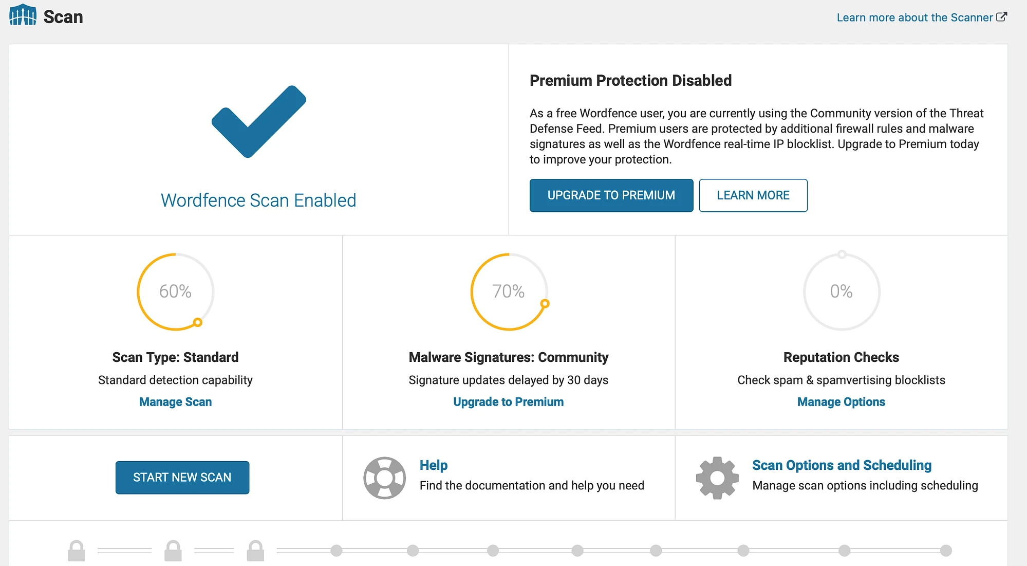 Options d'analyse des logiciels malveillants dans la version gratuite de Wordfence Security.