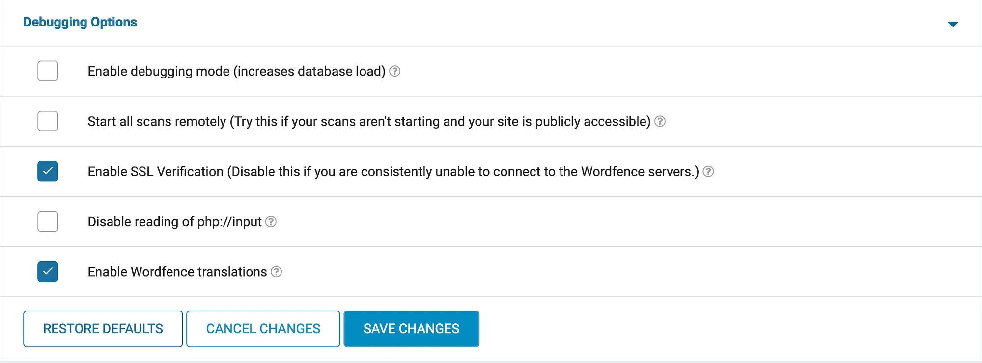 Les options de débogage dans Wordfence Security.