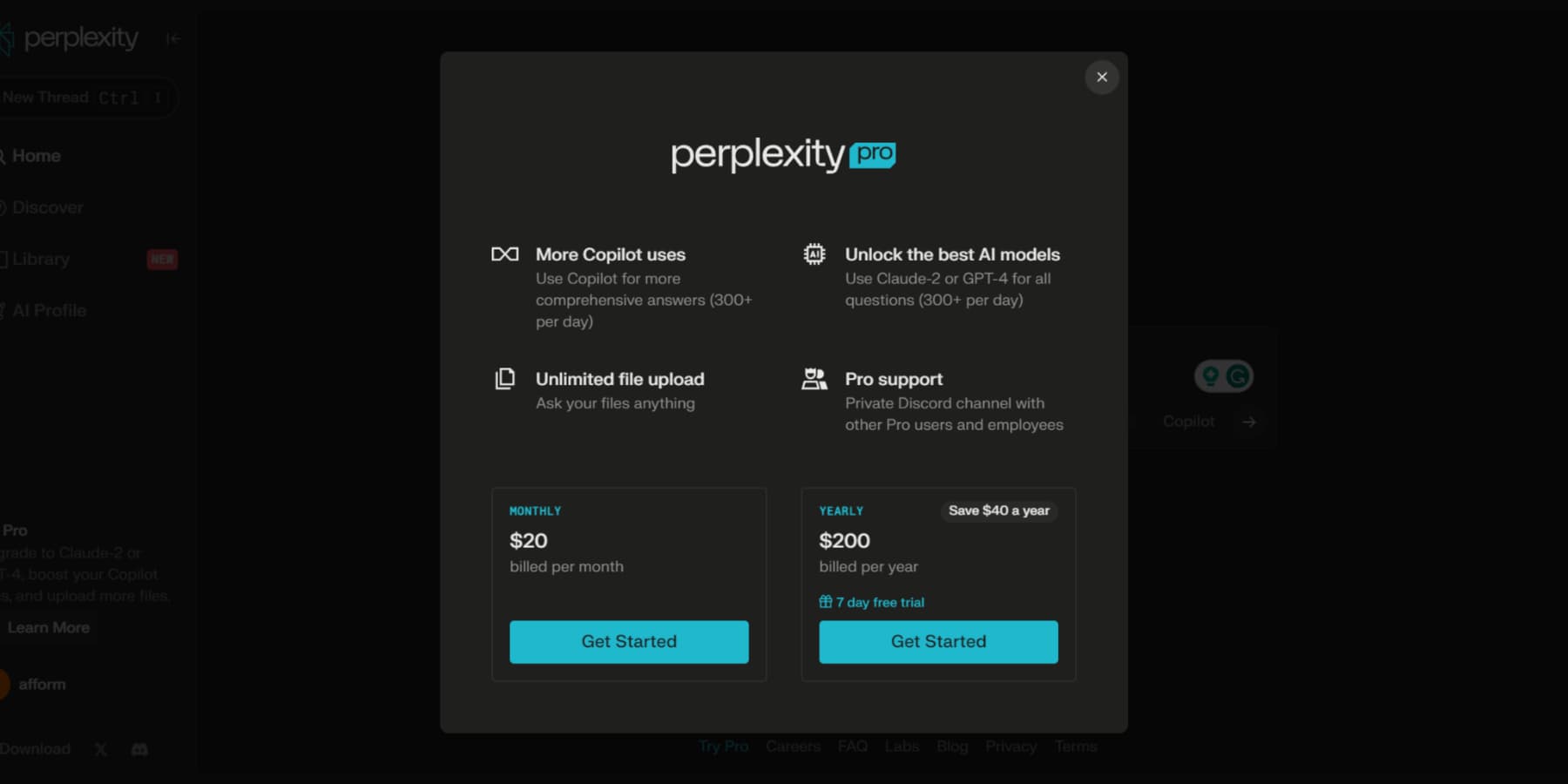 Perplexity AI の価格設定のスクリーンショット