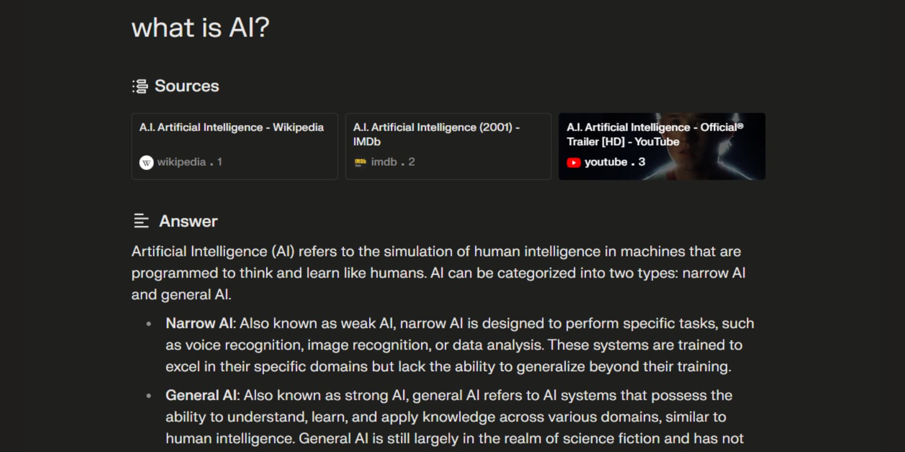 Une capture d'écran de Perplexity AI expliquant ce qu'est l'IA