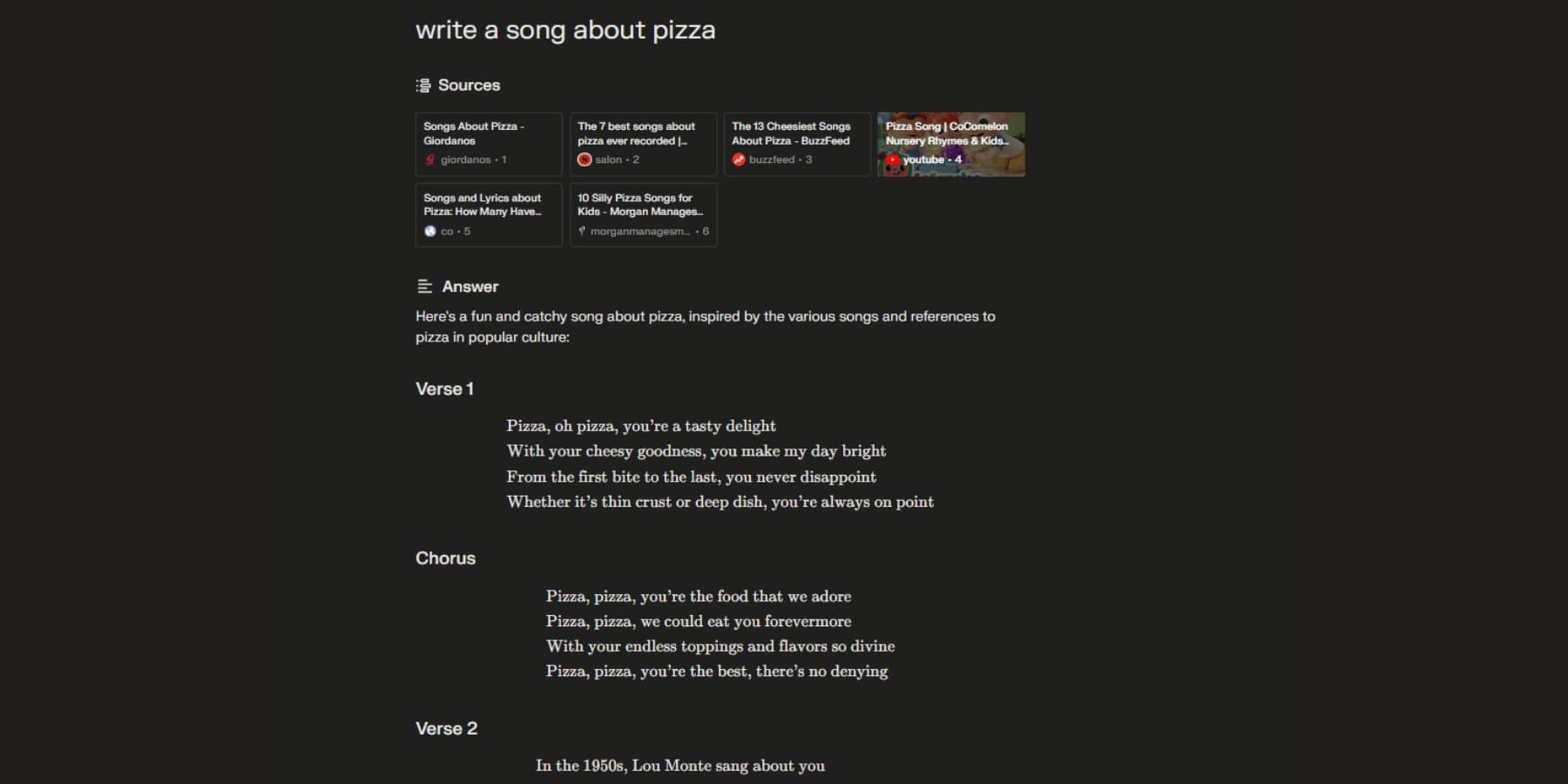 Una captura de pantalla de Perplexity AI escribiendo una canción sobre Pizza