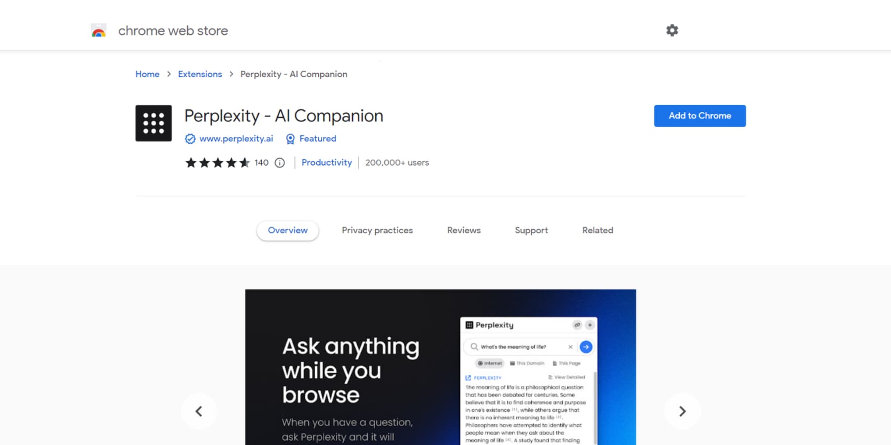 لقطة شاشة لصفحة ملحق Perplexity AI على Google Webstore