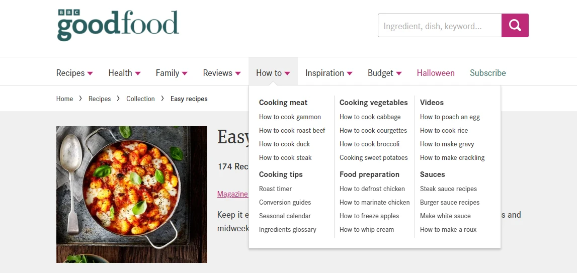 Un esempio di struttura gerarchica del sito sul sito BBC Goodfood.