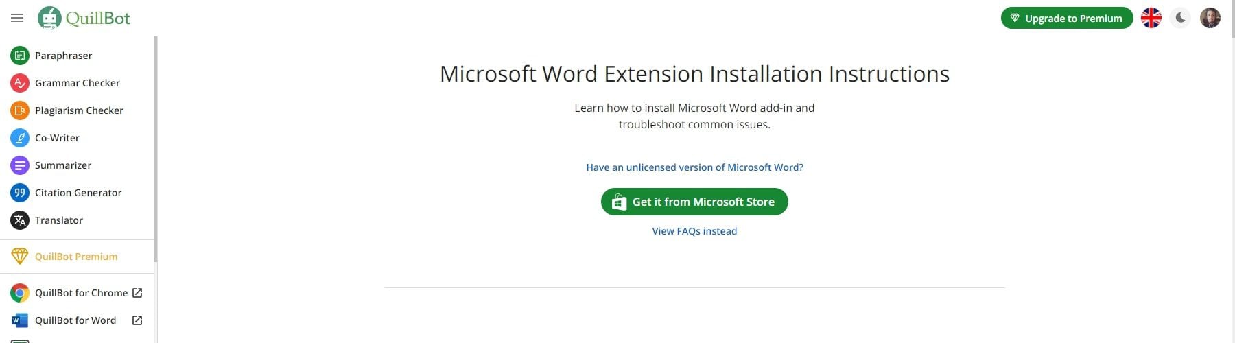 Estensione Microsoft Word di Quillbot AI