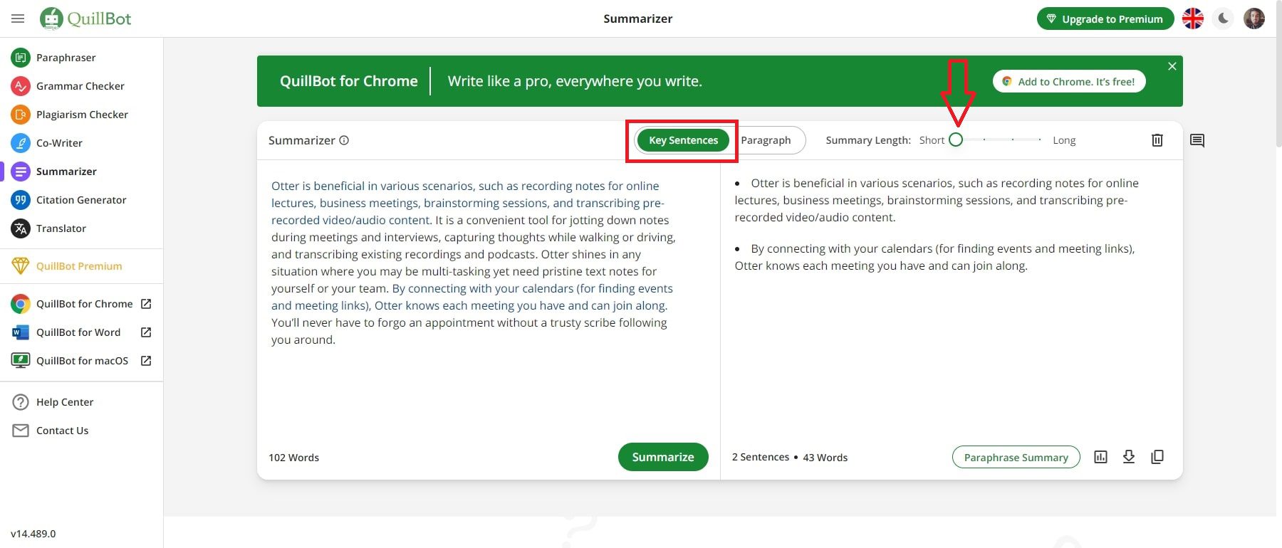 Quillbot Ai Schlüsselsätze kurze Zusammenfassungslänge