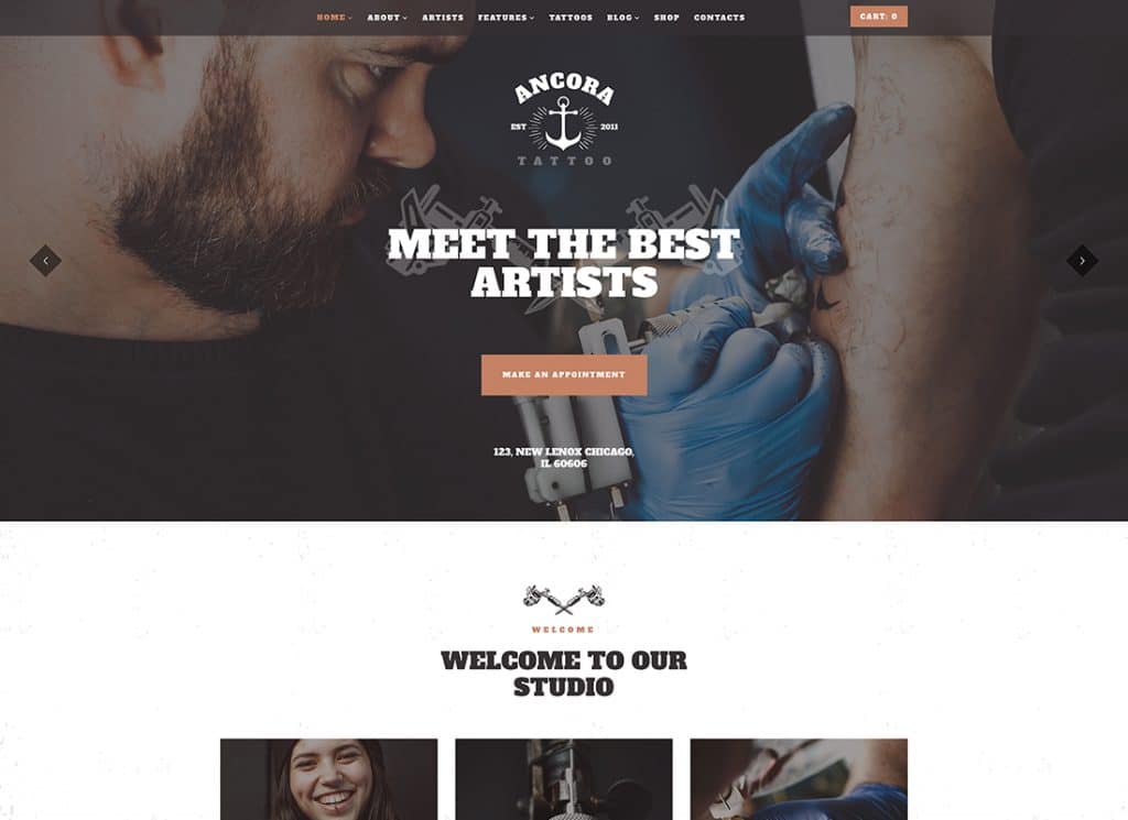 Ancora – Thème WordPress pour salon de tatouage urbain et boutique d'encre