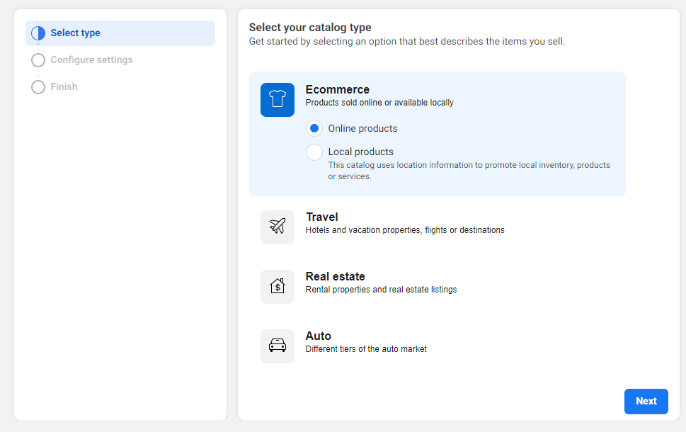 Seleccione el tipo de catálogo en FaceBook eCommerce Manager
