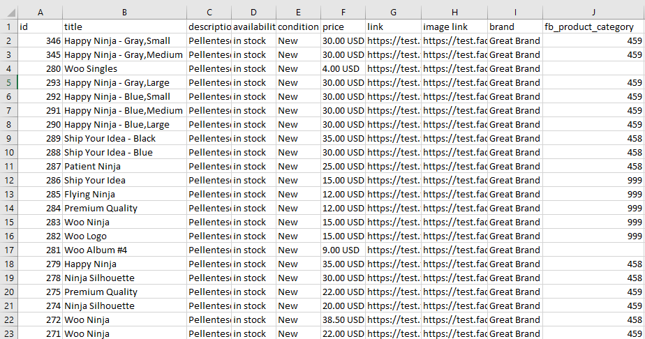 Informations sur le produit Faecbook dans MS Excel