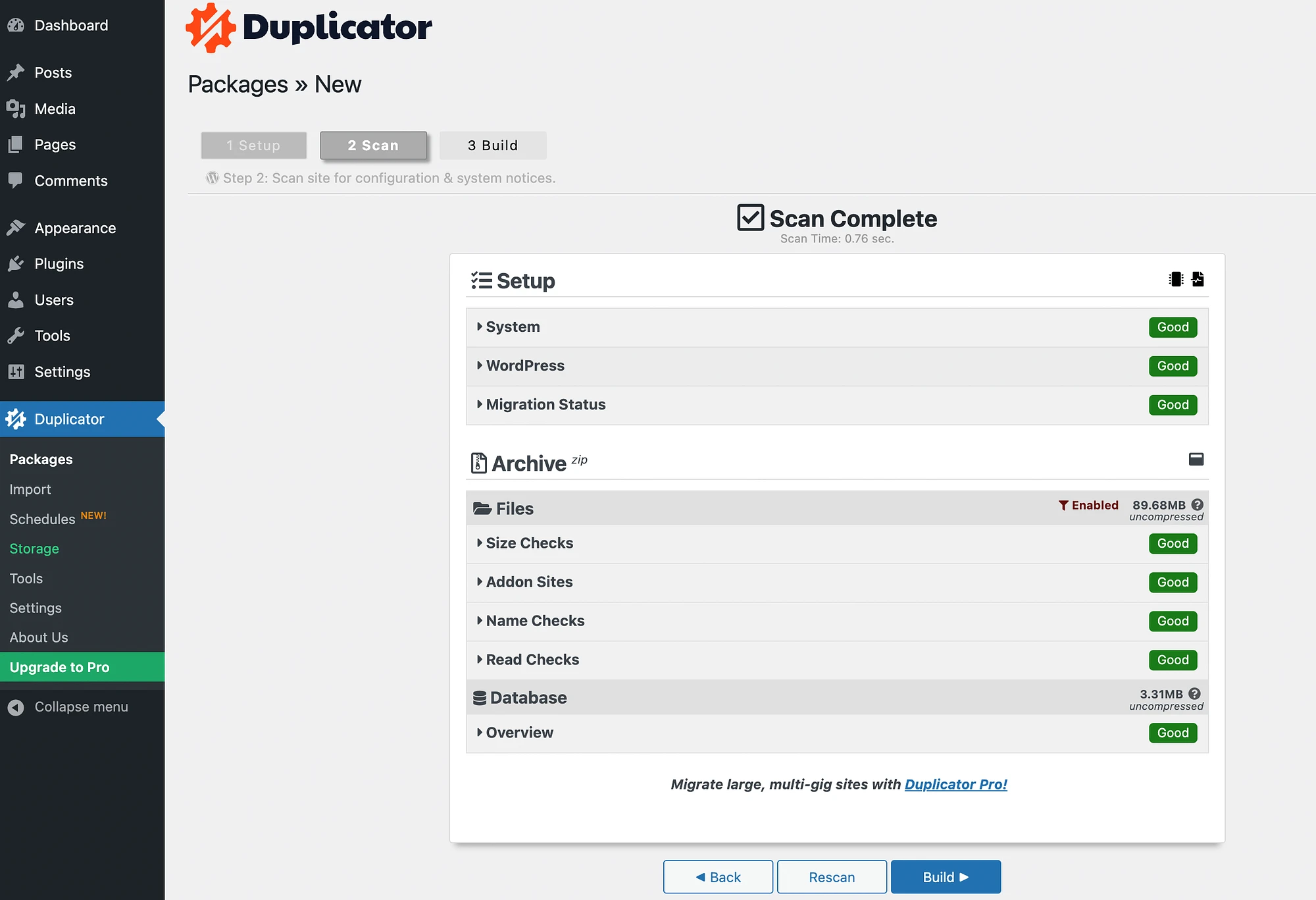 掃描完整的 UpdraftPlus 與 Duplicator。