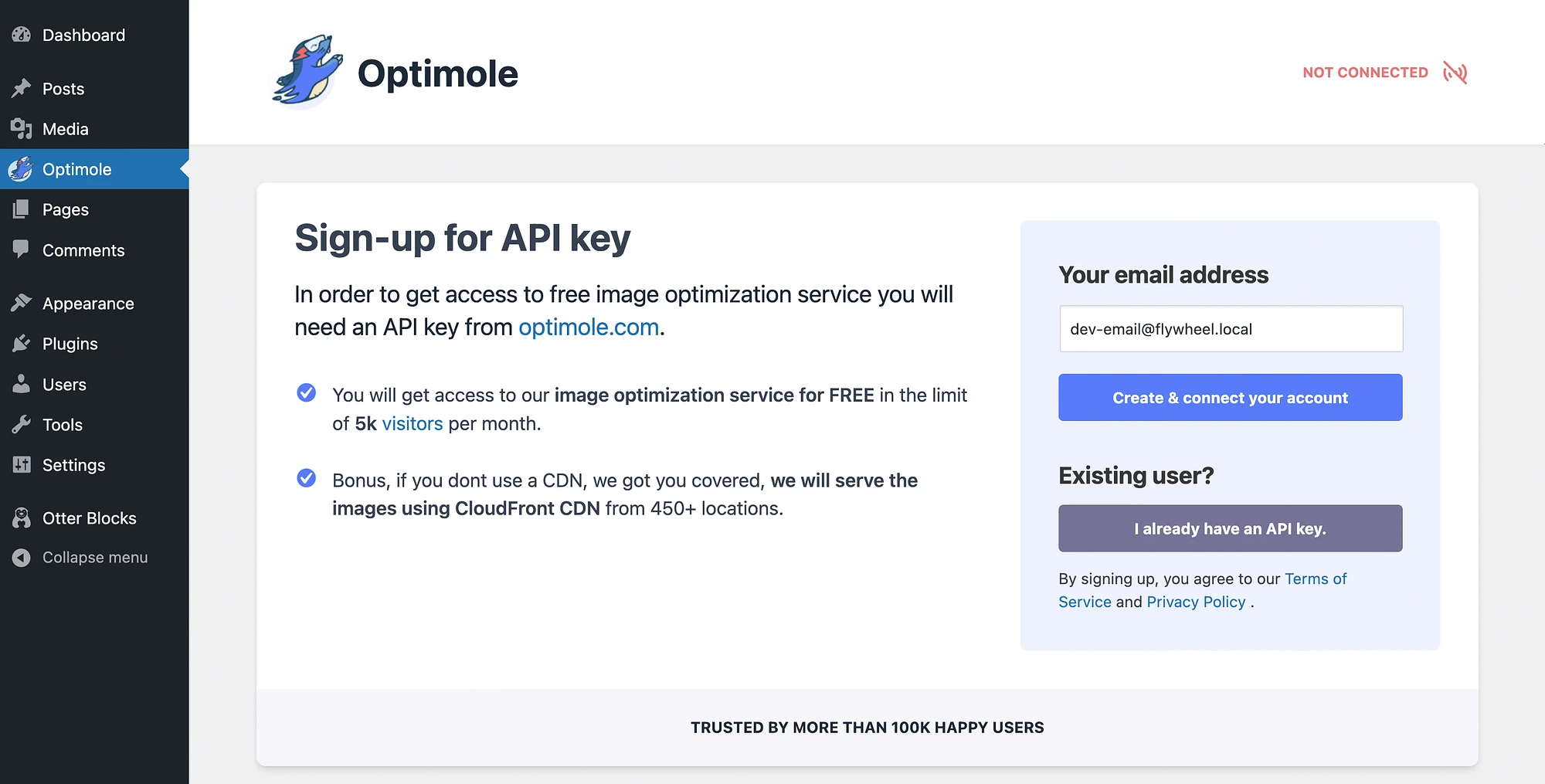 API 키를 사용하여 WordPress를 Optimole에 연결합니다.