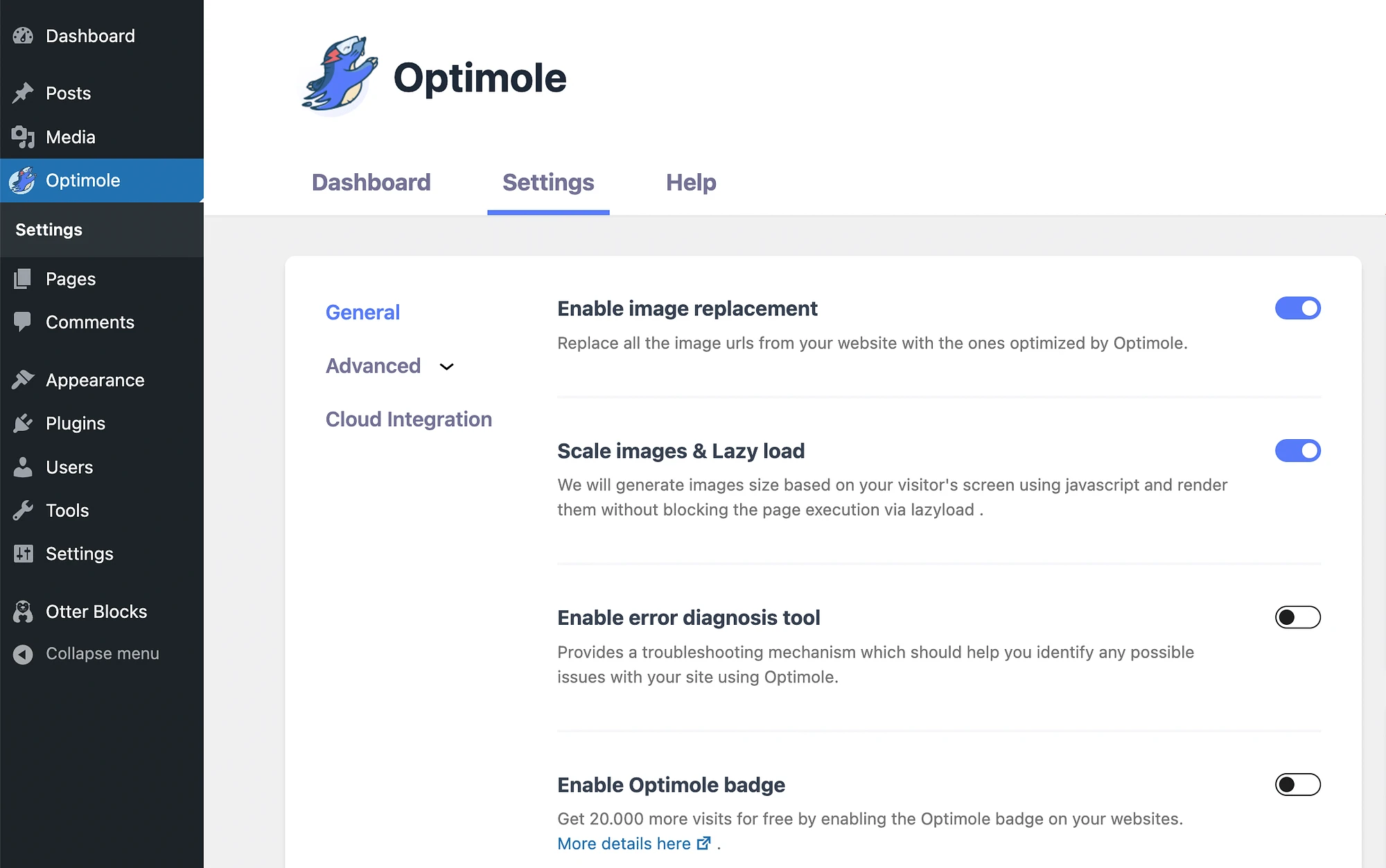 Optimole의 일반 설정.