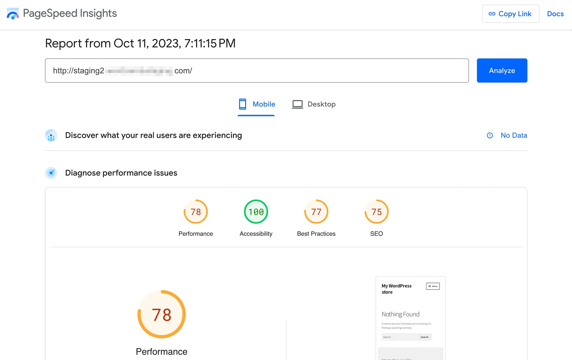 스머시 사이트에 대한 PageSpeed ​​Insights 점수.